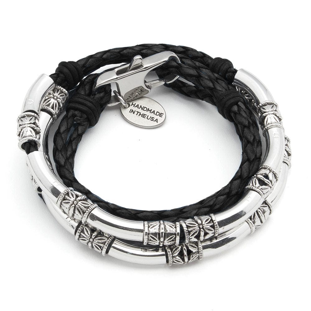 Woman's Maxi Braided Blue Leather Wrap Bracelet with Etched Silver Crescents | 8 Colors