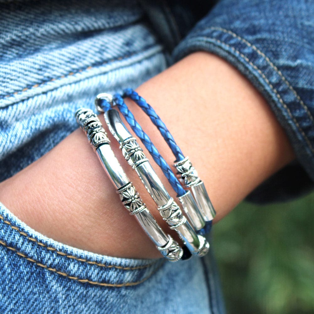 Woman's Maxi Braided Blue Leather Wrap Bracelet with Etched Silver Crescents | 8 Colors