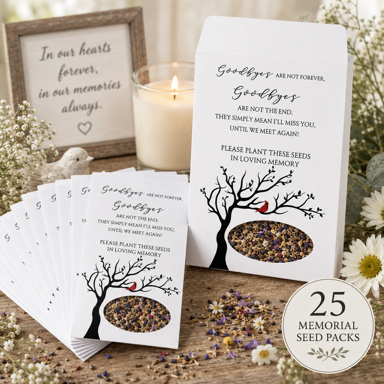 Memorial Seed Packets (25 Pack) – Wildflower or Sunflower Seeds – Funeral Favors