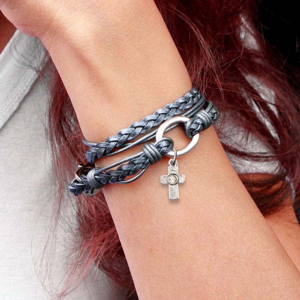 Paisley Braided Silver Leather Wrap Bracelet with Charm Ring