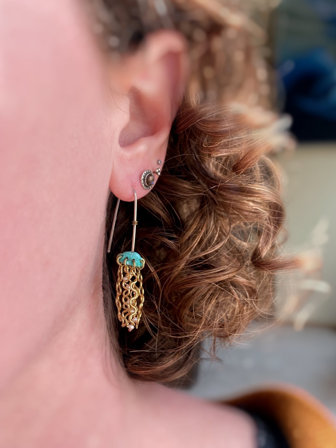 Mini Green Jellyfish Earrings with White Pearls and Hypoallergenic Niobium Earwires