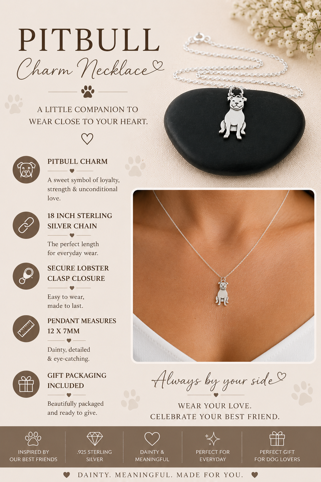 Pit Bull Charm Necklace - Sterling Silver Jewelry