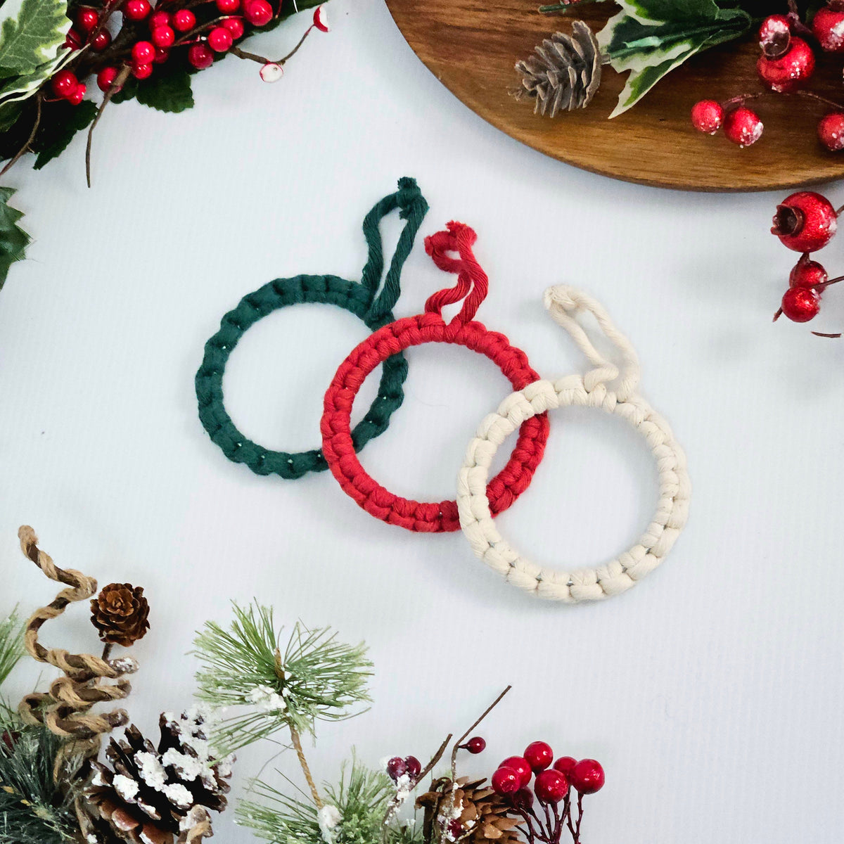 DIY macrame Christmas ornament craft kit.