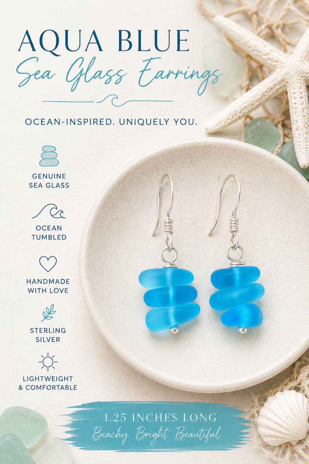 Aqua Blue Sea Glass Trio Stack Earrings – Sterling Silver, 1.25”