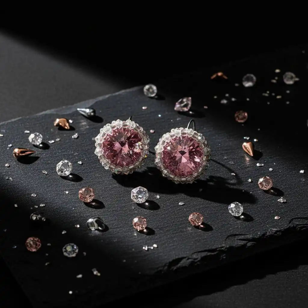 Handmade Beaded Bezel Pink Crystal Halo Earrings