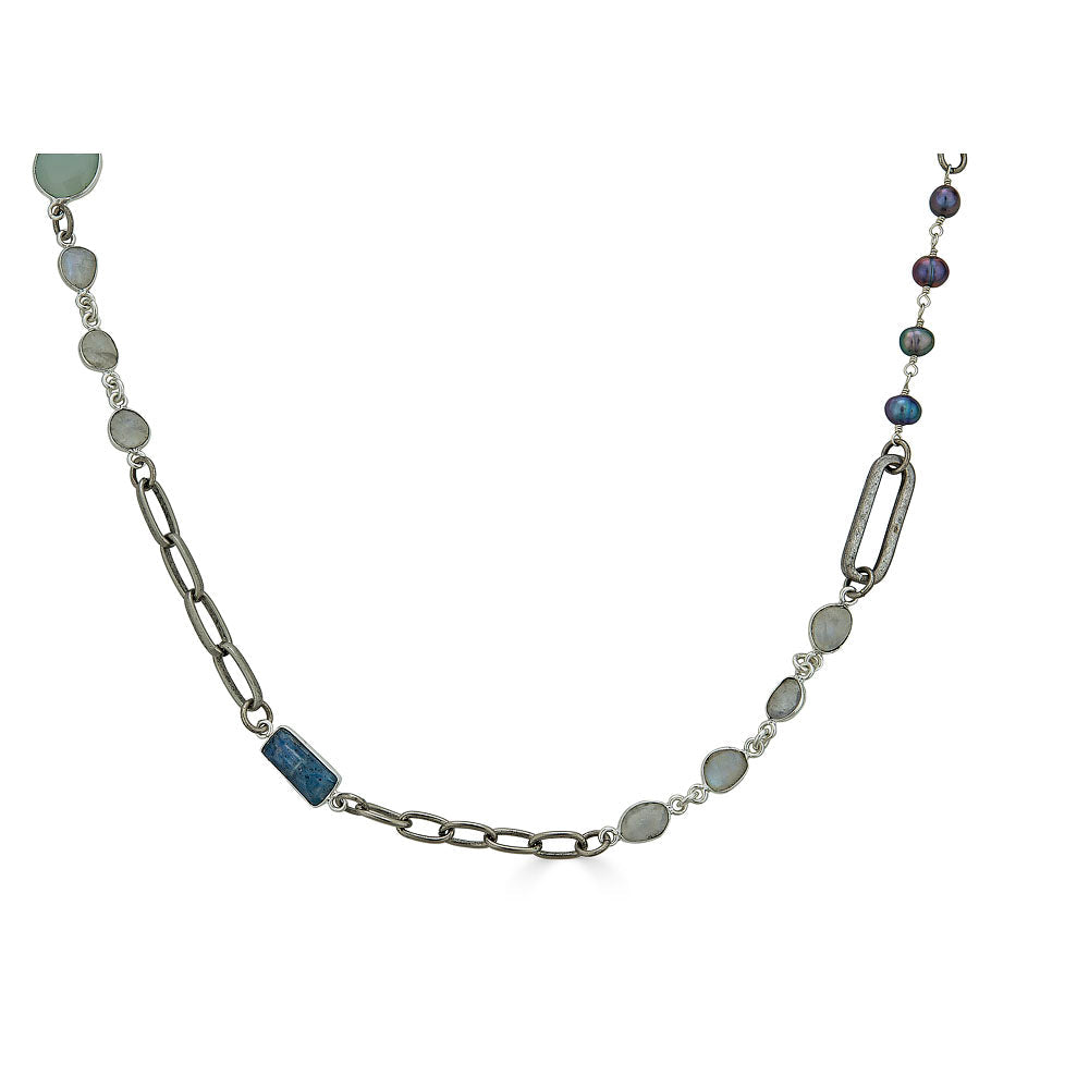 Silver Moonstone, Kyanite, Aquamarine and Pearl Short Necklace
