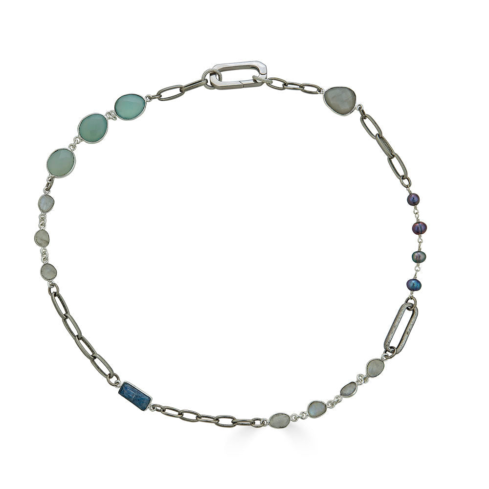 Silver Moonstone, Kyanite, Aquamarine and Pearl Short Necklace
