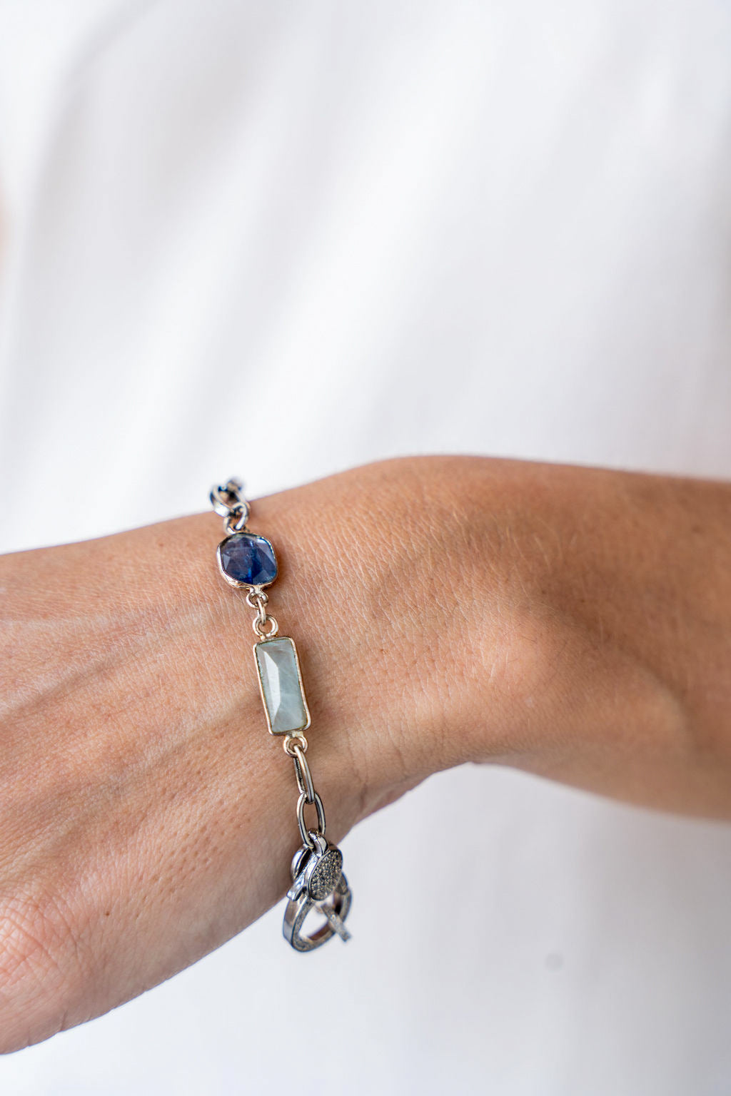 Silver Mixed Gemstone Bracelet with Kyanite, Moonstone and Aquamarine