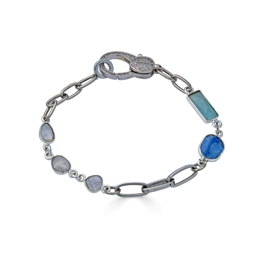Silver Mixed Gemstone Bracelet with Kyanite, Moonstone and Aquamarine