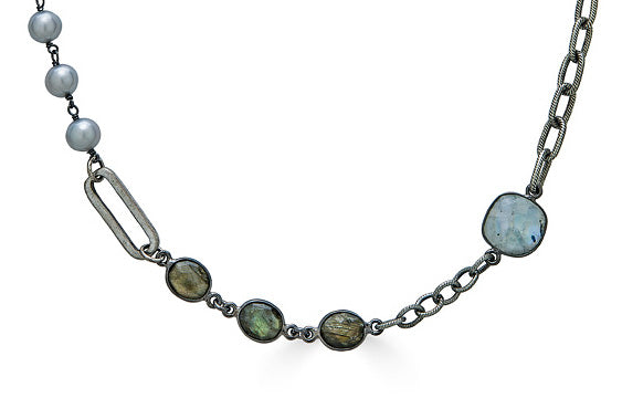 Silver Moonstone, Labradorite, Crystal and Pearl Short Necklace