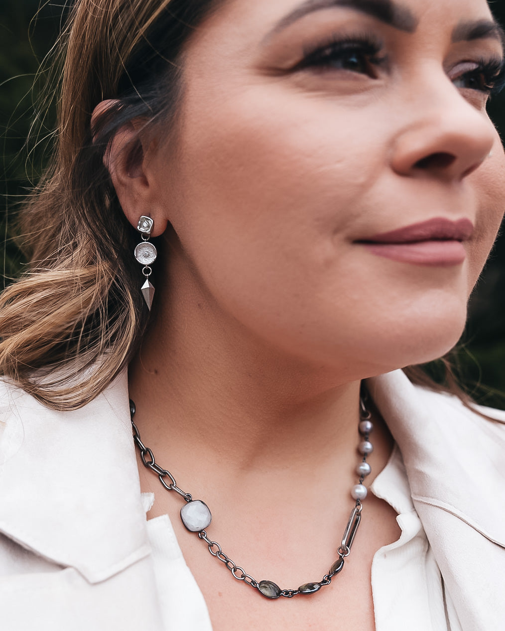 Silver Moonstone, Labradorite, Crystal and Pearl Short Necklace
