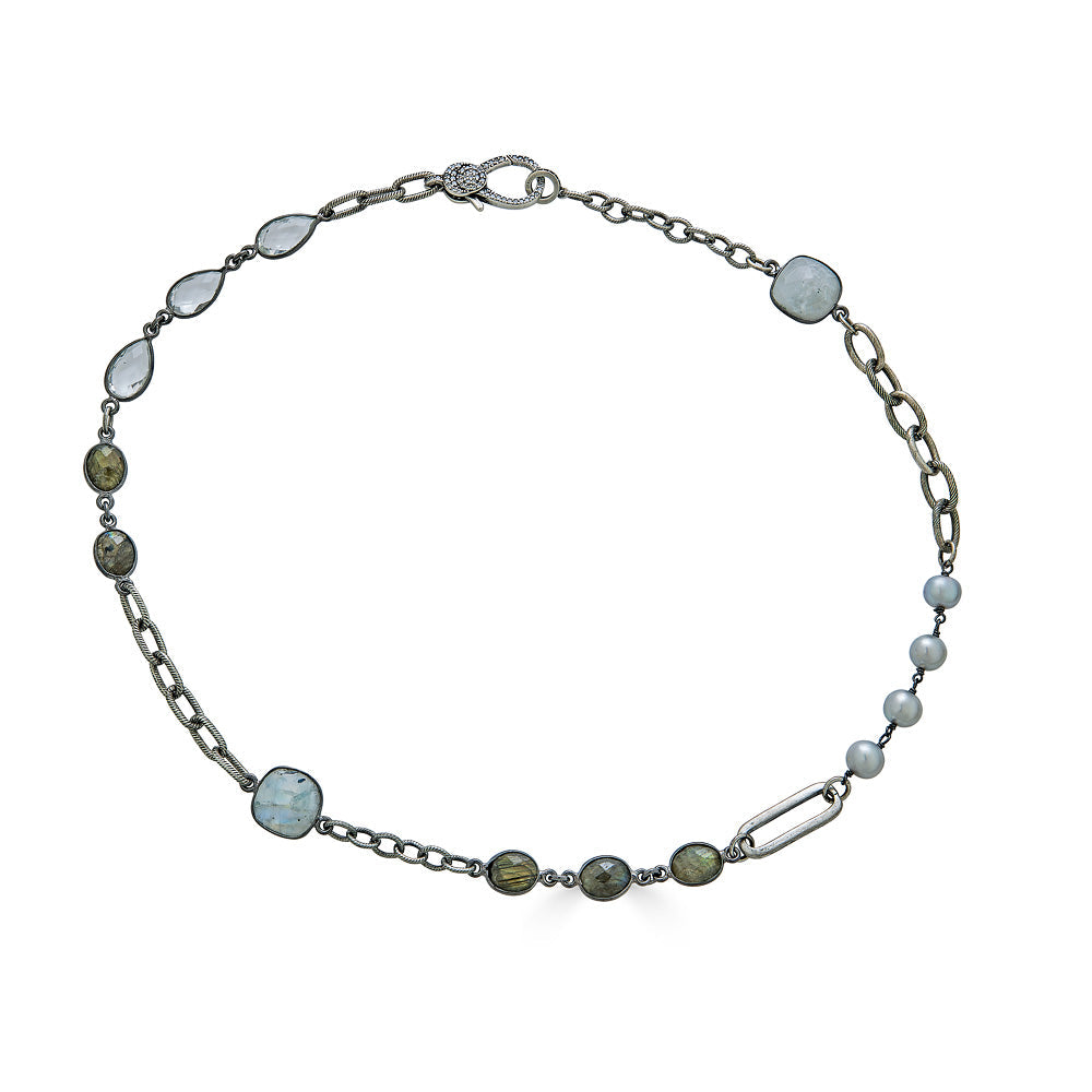 Silver Moonstone, Labradorite, Crystal and Pearl Short Necklace