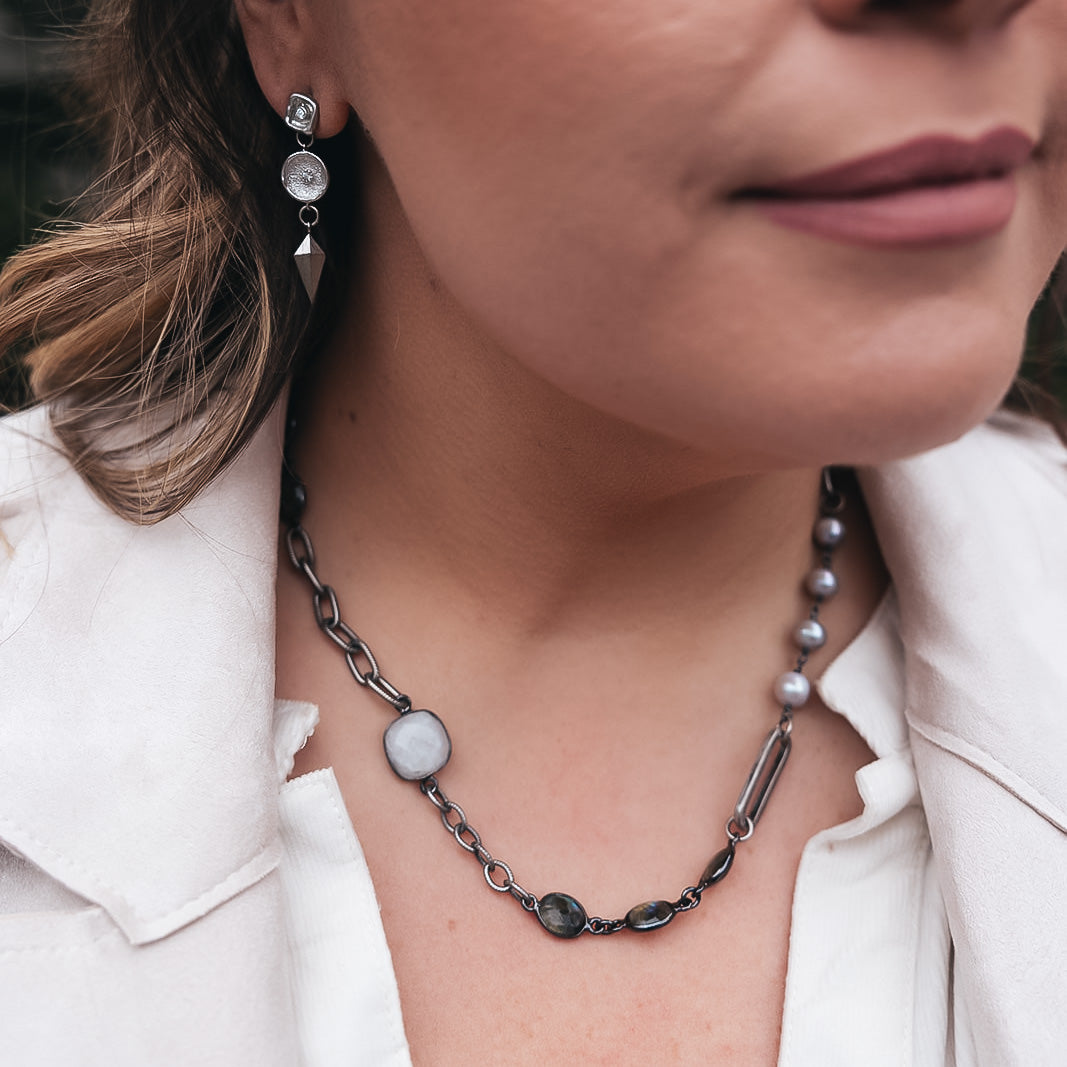 Silver Moonstone, Labradorite, Crystal and Pearl Short Necklace