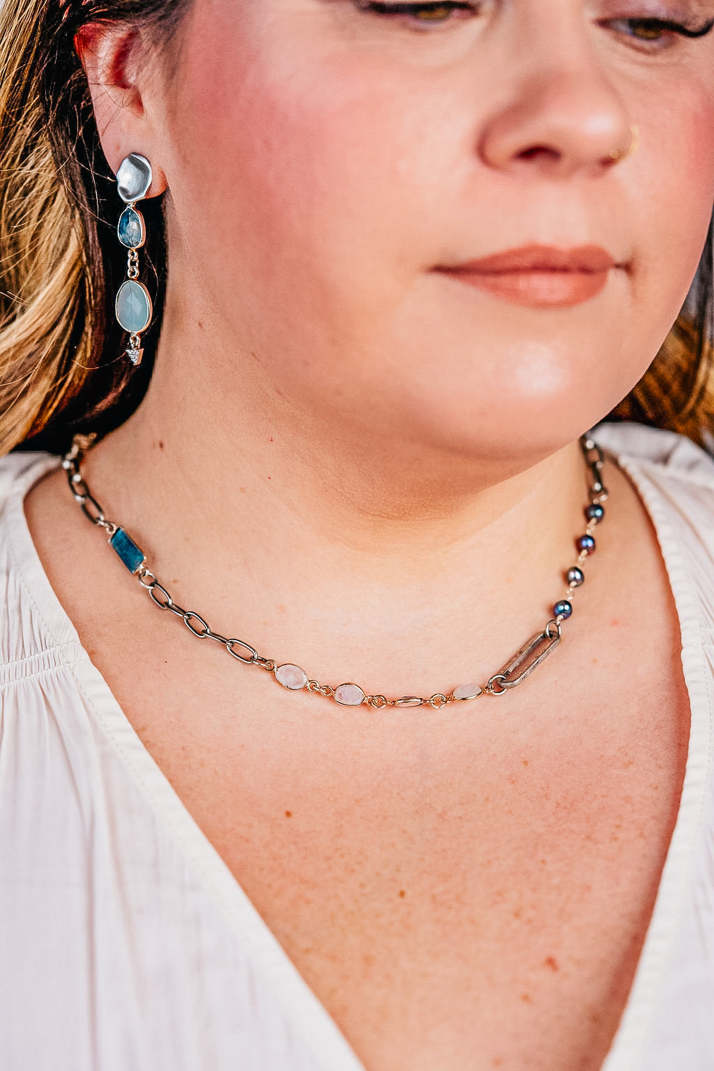 Silver Moonstone, Kyanite, Aquamarine and Pearl Short Necklace