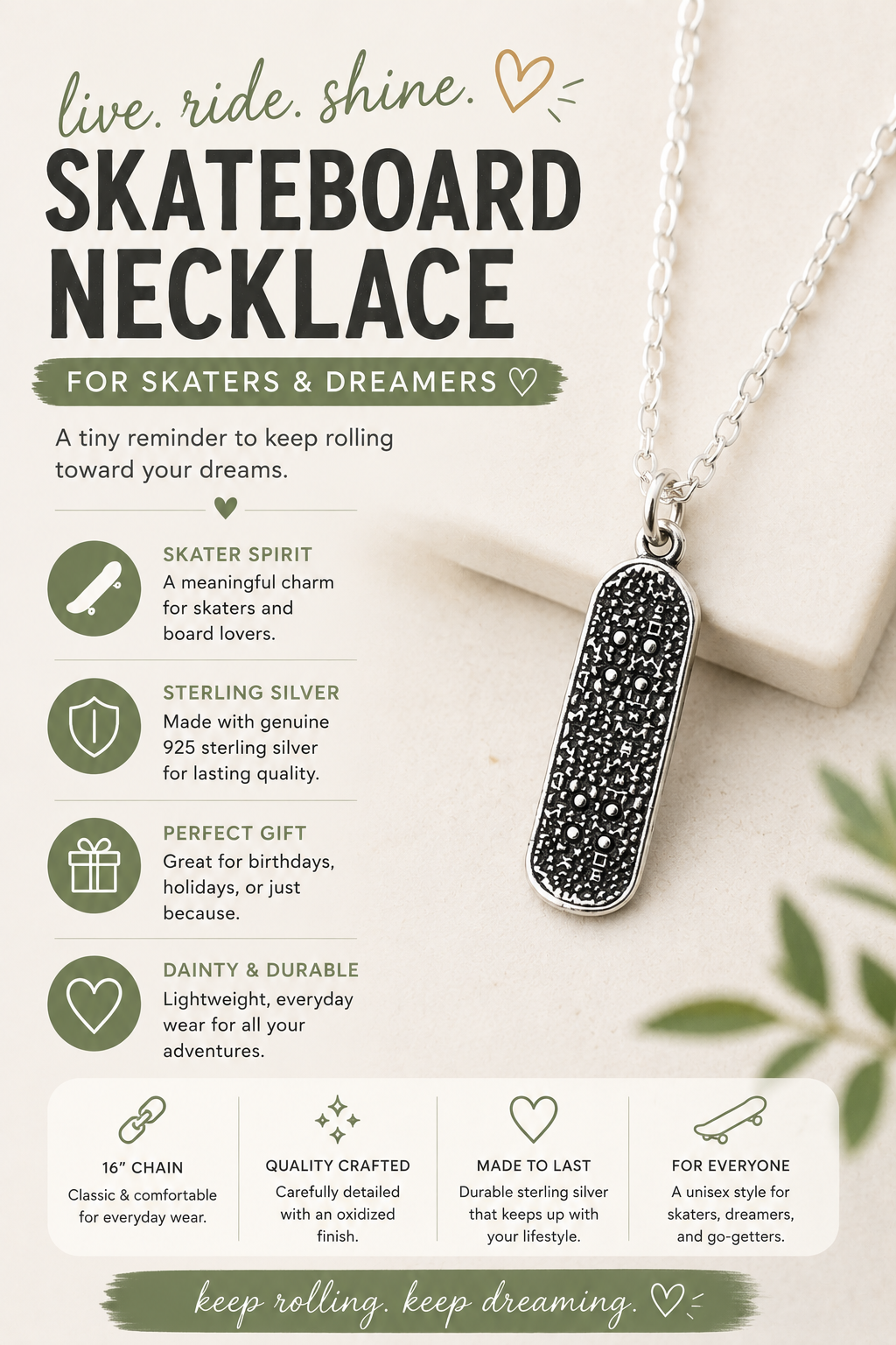 Skateboard Charm Sterling Silver Necklace