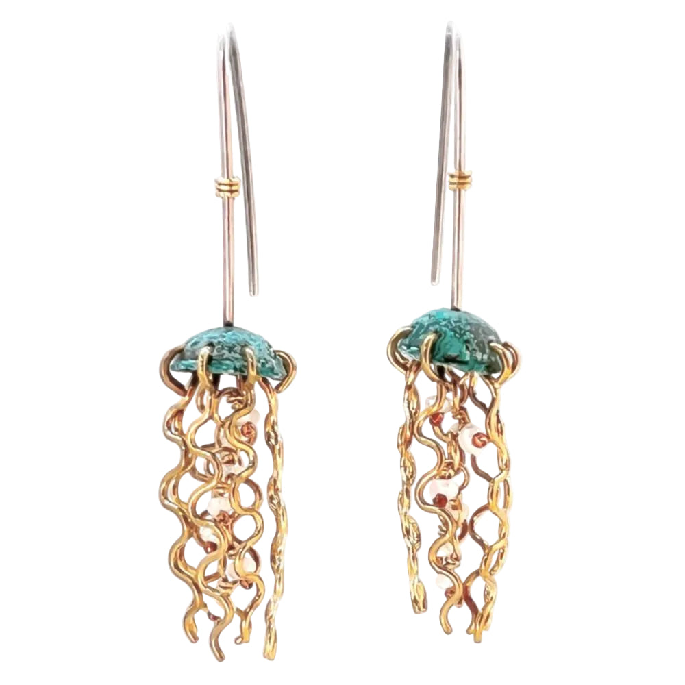 Mini Green Jellyfish Earrings with White Pearls and Hypoallergenic Niobium Earwires