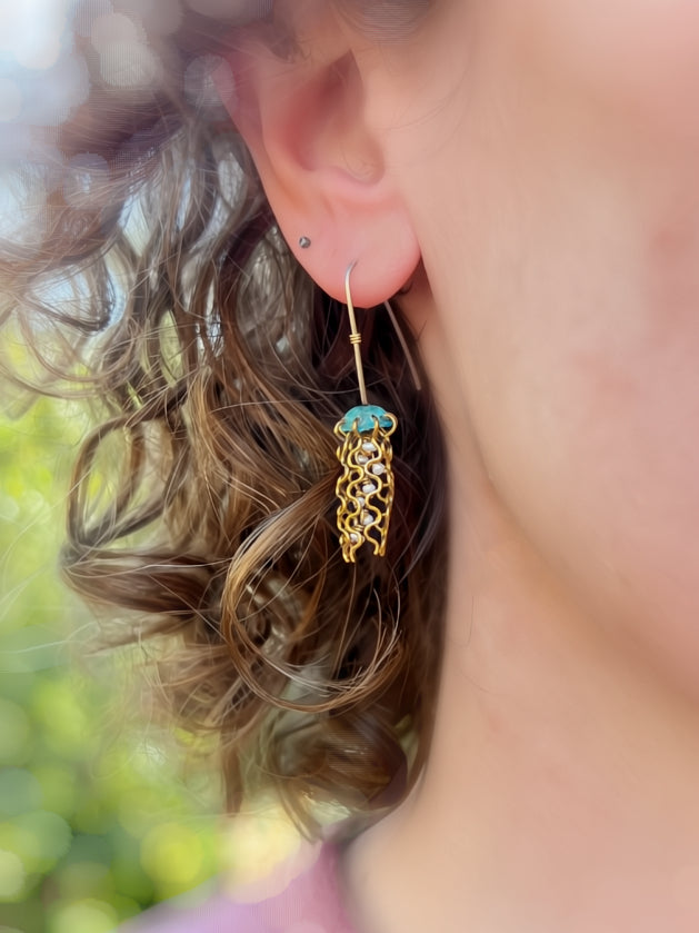 Mini Green Jellyfish Earrings with White Pearls and Hypoallergenic Niobium Earwires