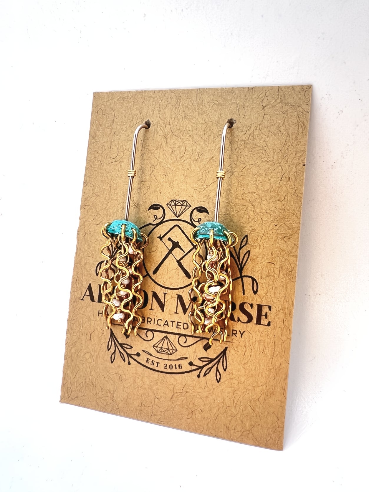 Mini Green Jellyfish Earrings with White Pearls and Hypoallergenic Niobium Earwires
