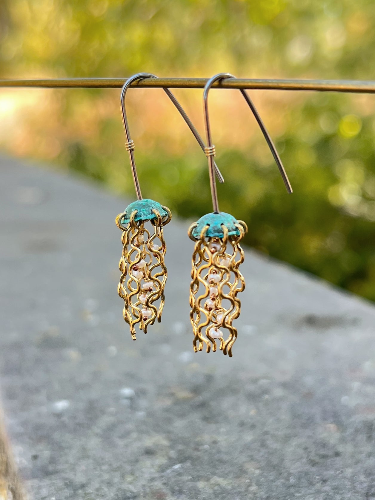 Mini Green Jellyfish Earrings with White Pearls and Hypoallergenic Niobium Earwires