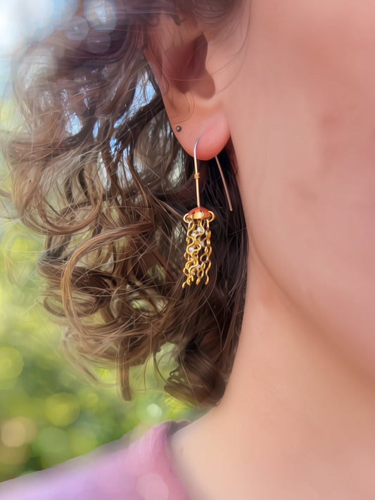 Mini Red Copper Jellyfish Earrings with White Pearls and Hypoallergenic Niobium Earwires