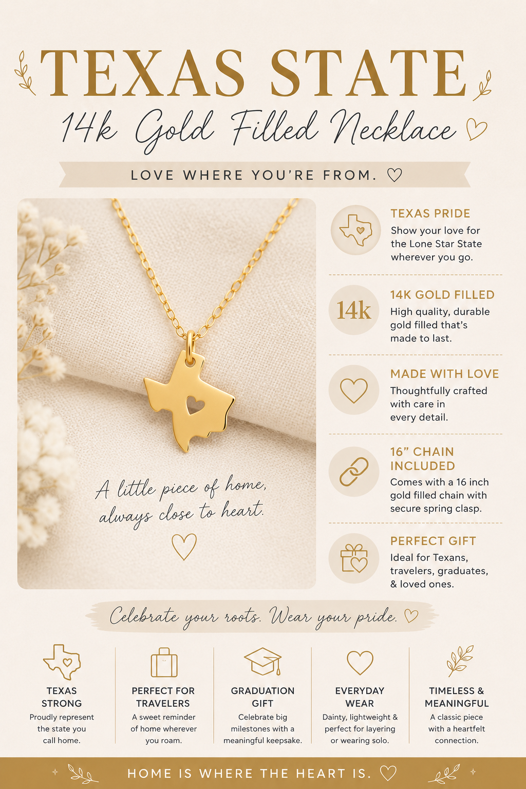 Texas State 14k Gold Filled Necklace