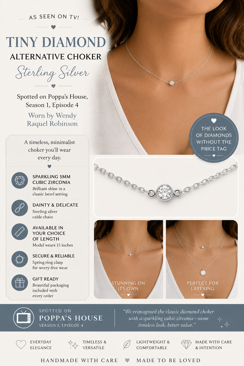 Tiny Diamond Alternative Choker, Sterling Silver - As Seen on Poppa’s House