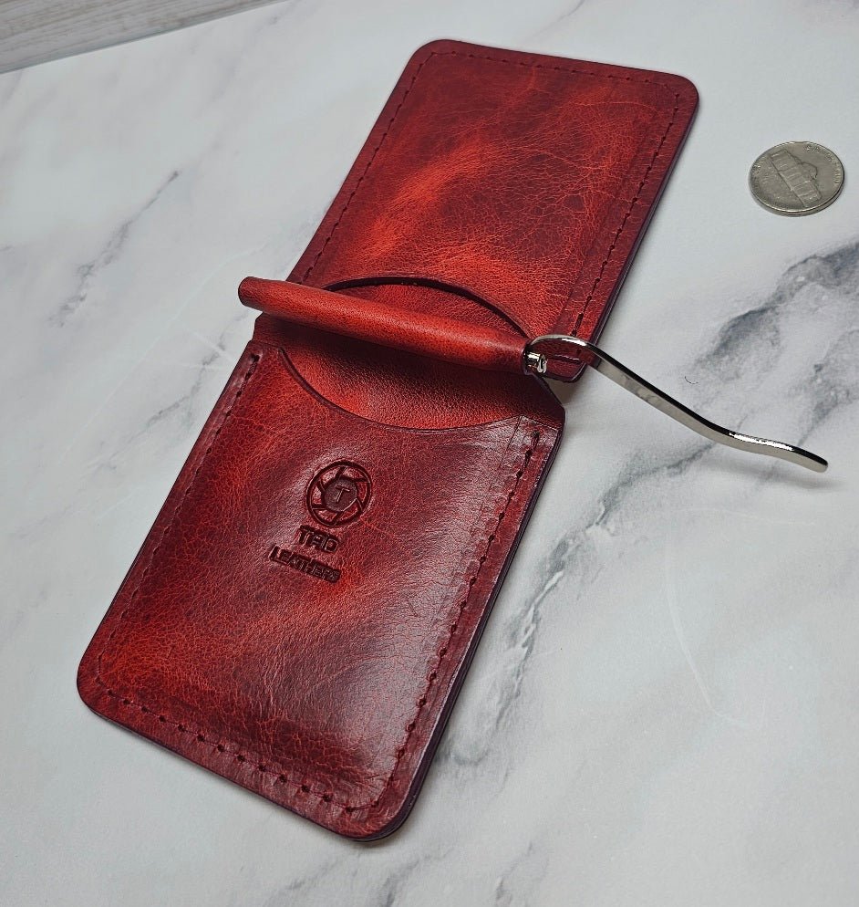 Premium Red Leather Money Clip - Textured Grain Handmade