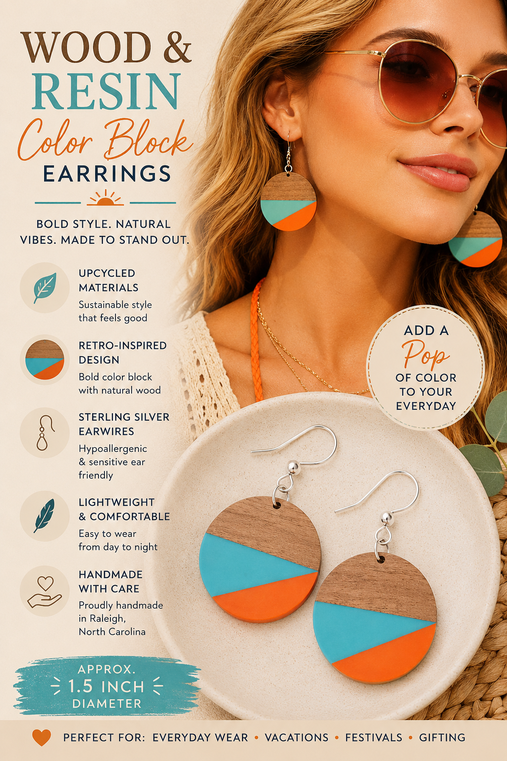 Color Block Wood & Resin Earrings – Blue Orange Retro Boho Dangles – Lightweight Sterling Silver Earwires – Handmade in USA