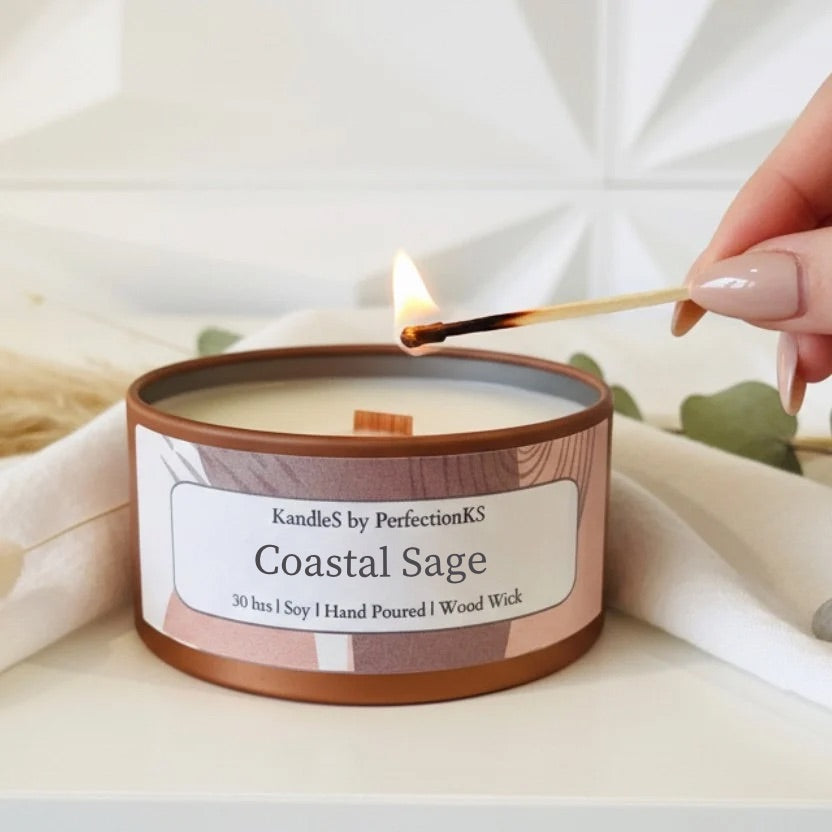 Coastal Sage Luxury Candle | 8oz Non-Toxic Soy Candle with Wooden Wick | Clean Burn
